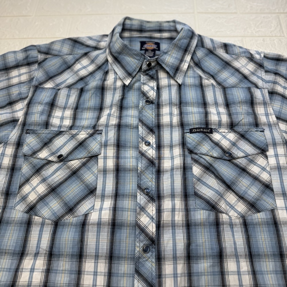 Dickies Mens 3XL Blue Plaid Pearl Snap Western Short Sleeve Shirt Workwear
